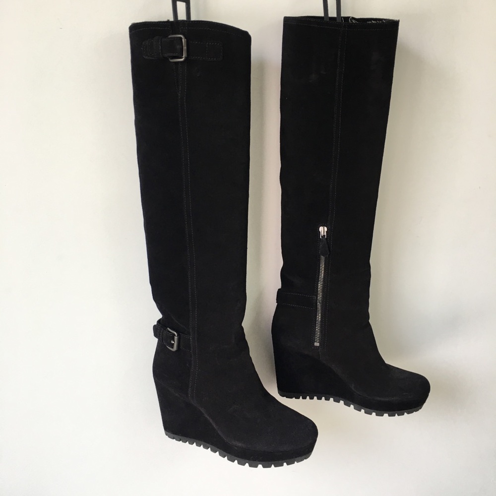 Prada Black Suede Wedge Tall Boots Box, Bag 38 7.5